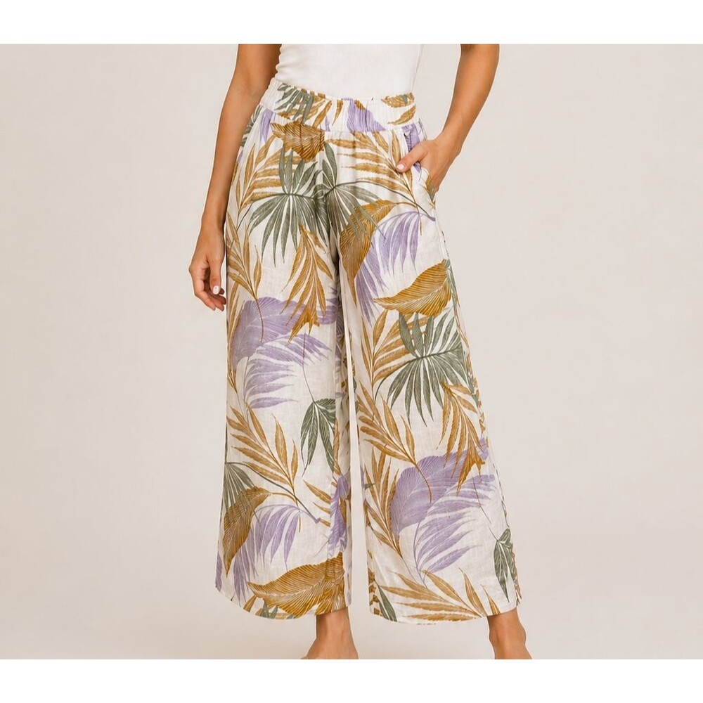 Tahari 100% Linen Tropical Print Pants Small Relaxed Fit Coastal Boho Pull On